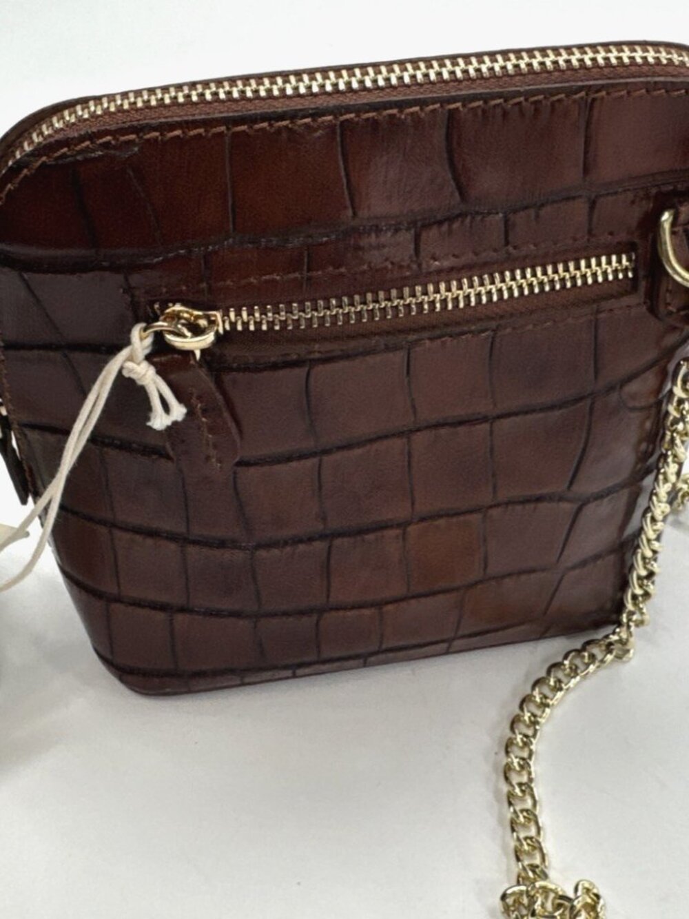 Pratesi Firenze Brown Croc Embossed Italian Leather Crossbody Bag Gold Chain NEW - Picture 3 of 15